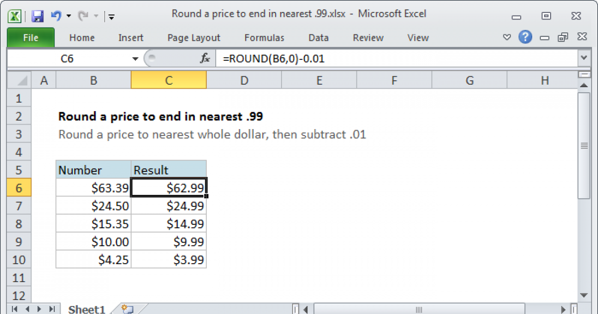 Round a price to end in 99 excel formula exceljet